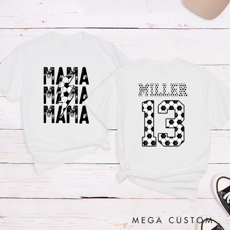 Personalized "Mama" Soccer T-Shirt with Custom Name and Number Design