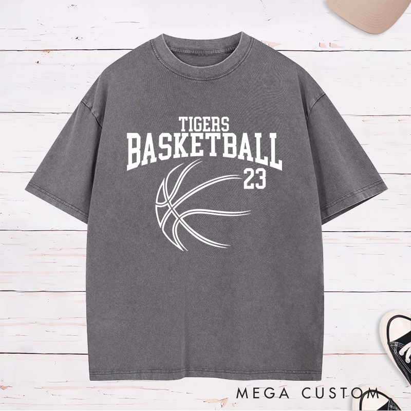 Personalized Washed T-Shirt Design Featuring Custom Team Name and Player Number with Sleek Basketball Graphic in a Bold Arch Layout