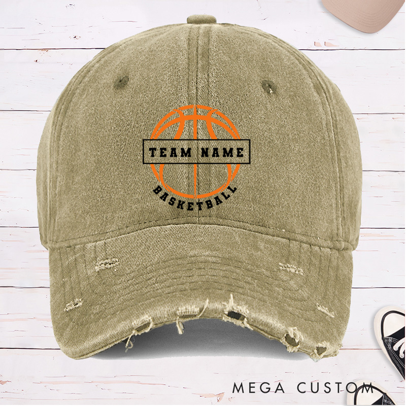 Personalized Distressed Denim Basketball Cap with Custom Team Name and Basketball Graphic Design