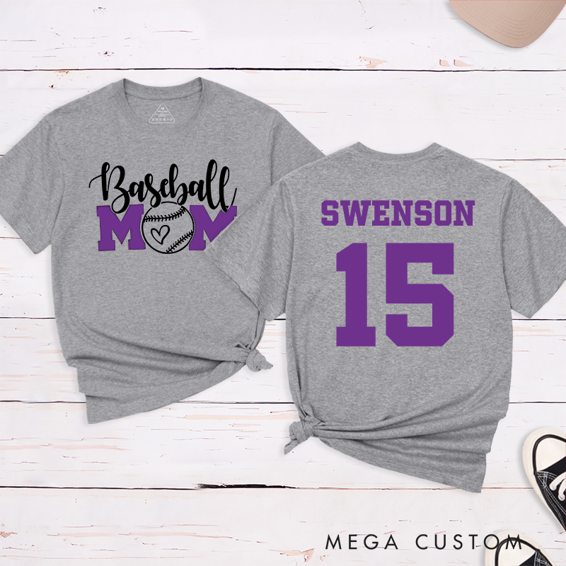Personalized Baseball Mom T-Shirt with Heart-Inspired Design and Custom Name and Number