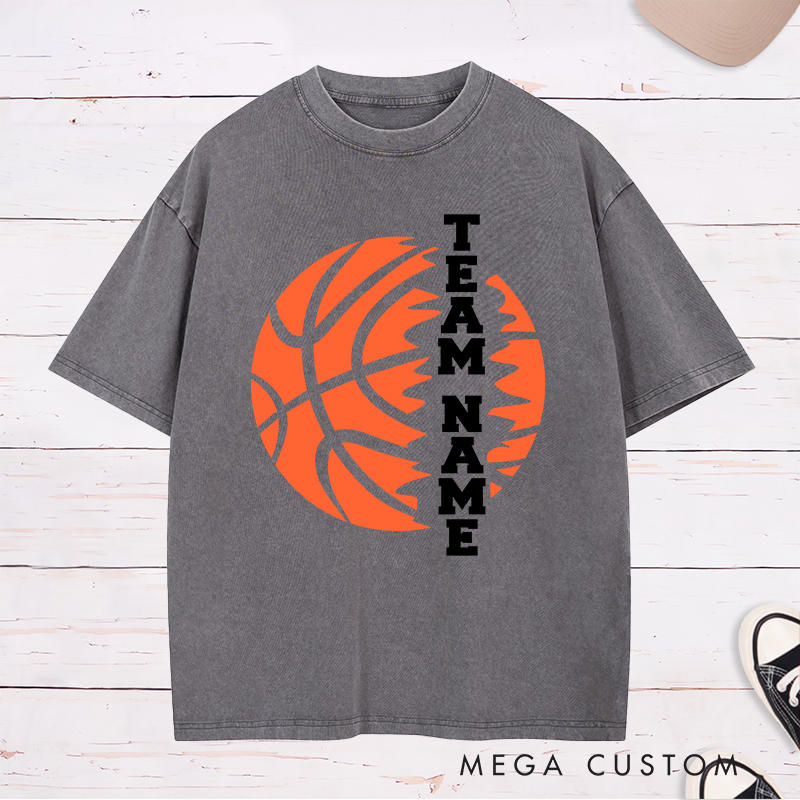 Personalized Washed T-Shirt Design Featuring Custom Team Name with Bold Vertical Text and Dynamic Basketball Graphic
