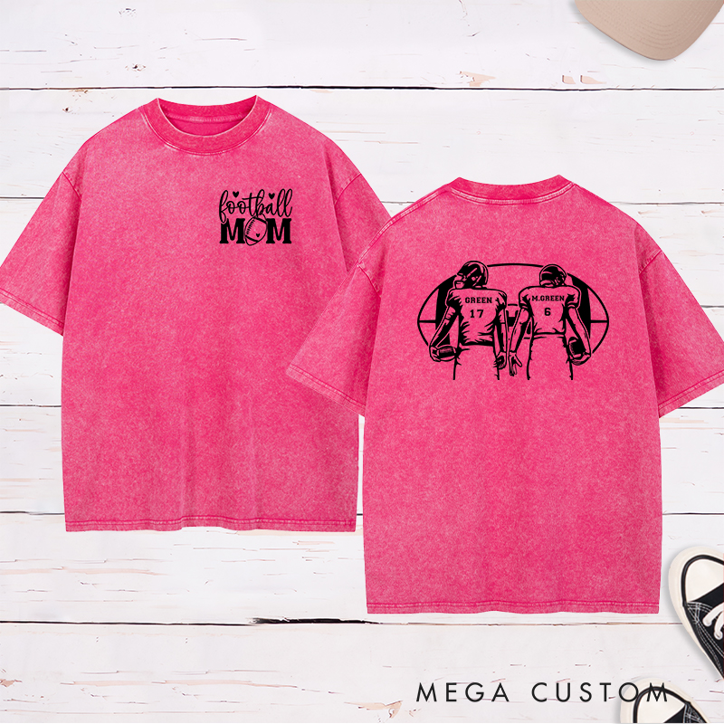 Personalized American Football Mom Washed T-Shirts with Custom 2 Player Name and Number