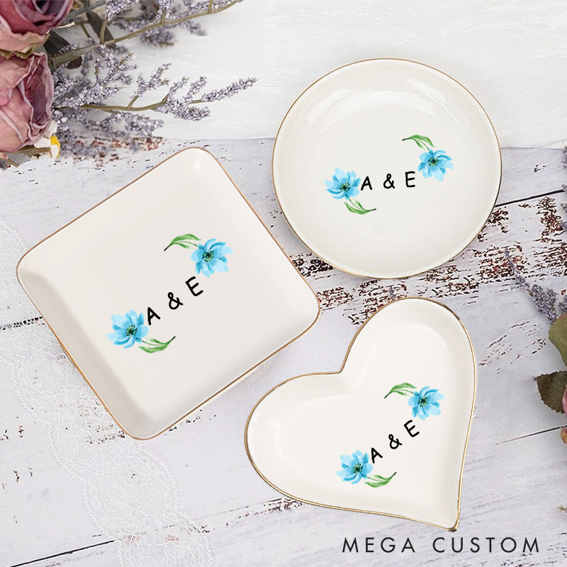 Personalized Watercolor Floral Blue Blossoms with Initials Wedding Engagement Gold-Trimmed Ring Dishes