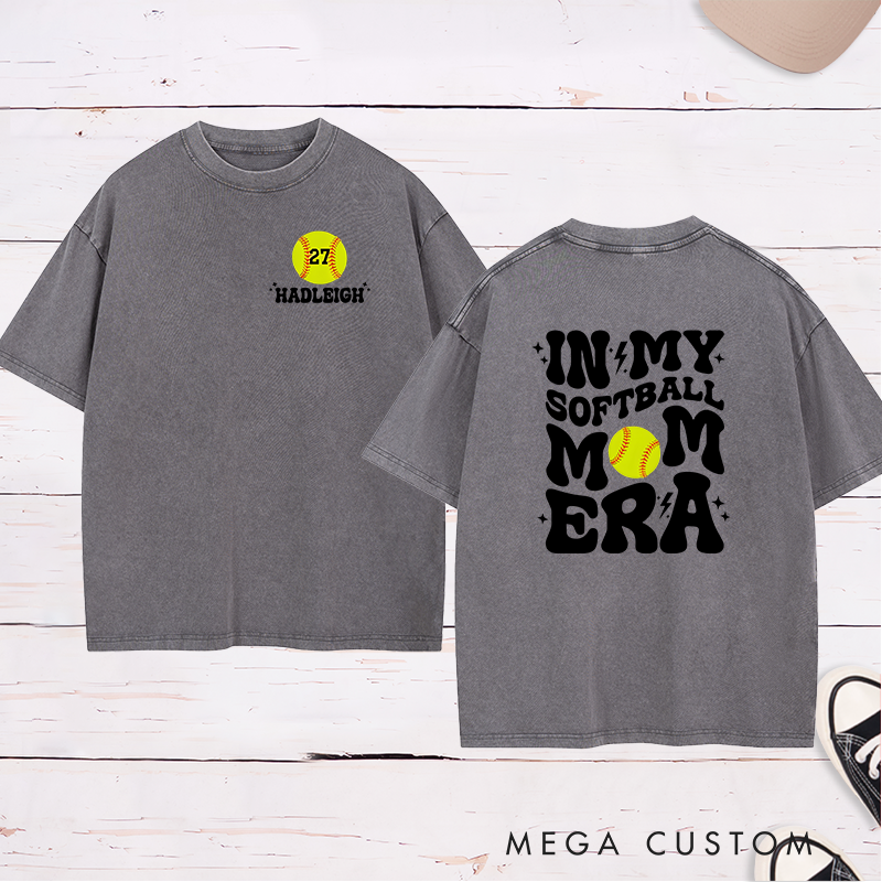 Personalized Softball Mom Washed T-Shirt Design Featuring Bold Retro Text Custom Player Number and Name with Softball Graphic