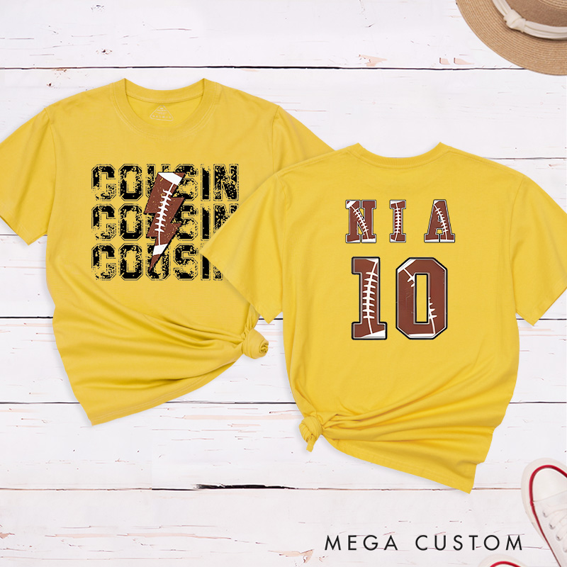 Personalized American Football and Rugby Cousin T-Shirts with Custom Name and Number