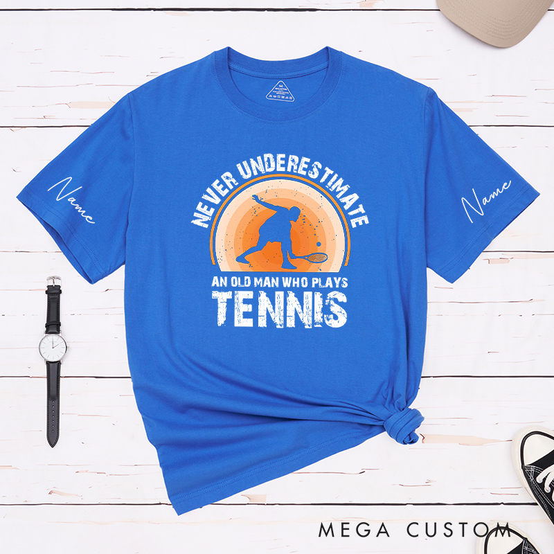 Personalized Tennis T-Shirt with "Never Underestimate" Graphic and Custom Name