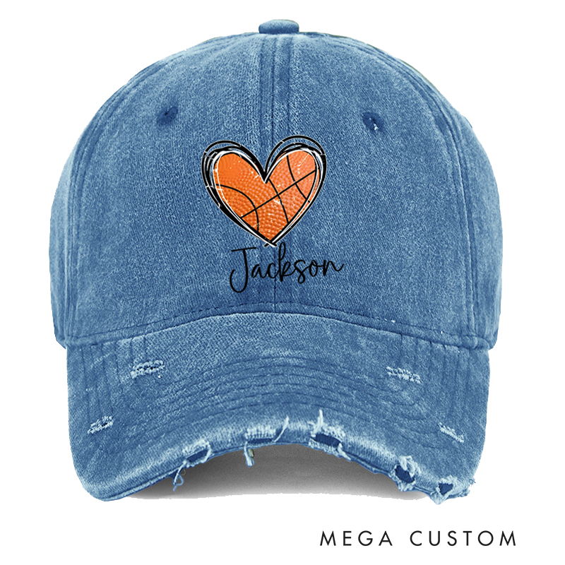 Personalized Distressed Basketball Cap with Heart-Shaped Ball Design and Custom Name