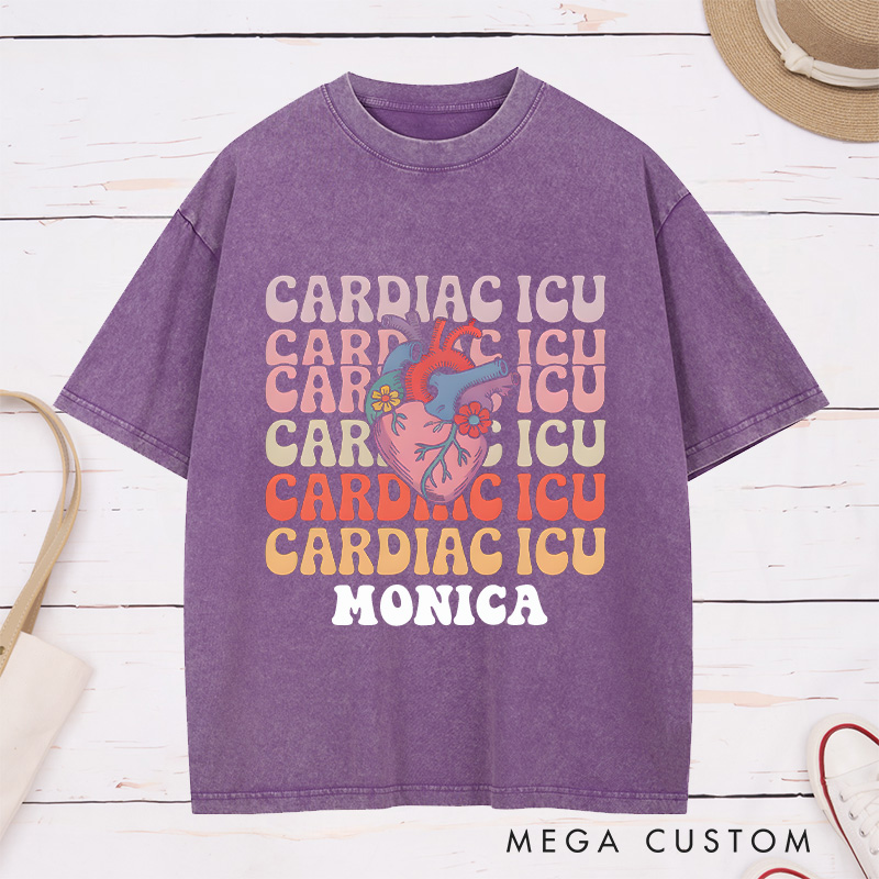 Personalized Nurse Washed T-Shirt Customized Cardiac ICU Design Washed T-Shirt 