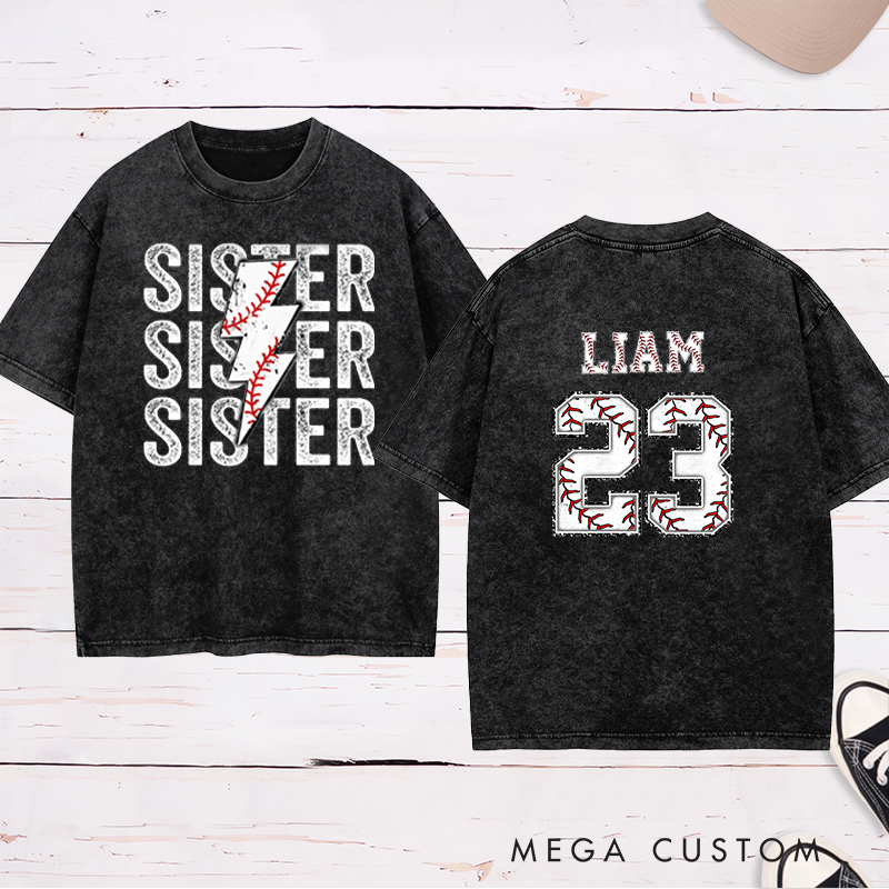 Personalized Baseball Sister Washed T-Shirt with Lightning Stitch Design and Custom Name and Number