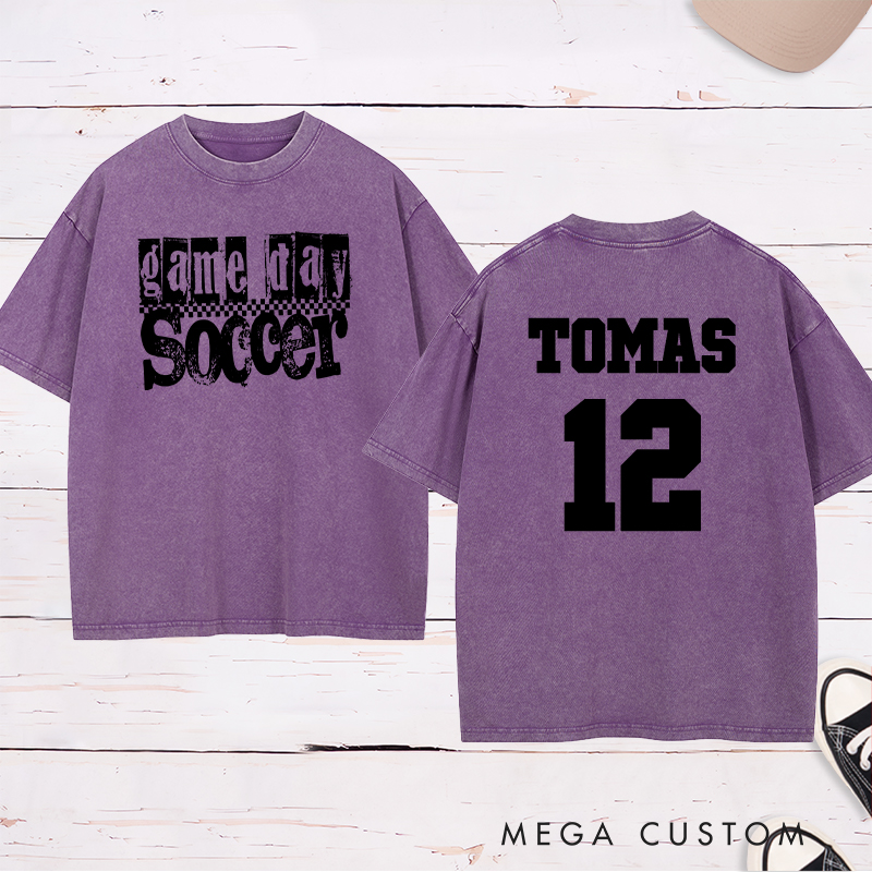 Personalized Game Day Soccer Washed T-Shirt with Grunge Checkerboard Design and Custom Name and Number
