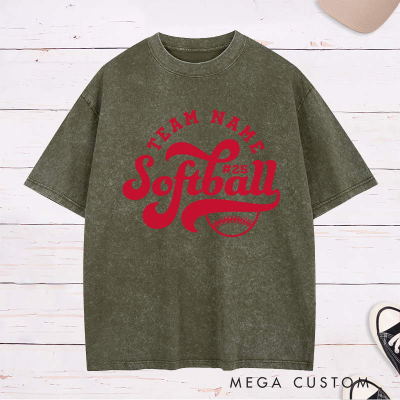 Personalized Softball Washed T-Shirt Featuring Customizable Team Name Player Number Dynamic Script Font and Classic Softball Graphic for a Bold and Unified Look