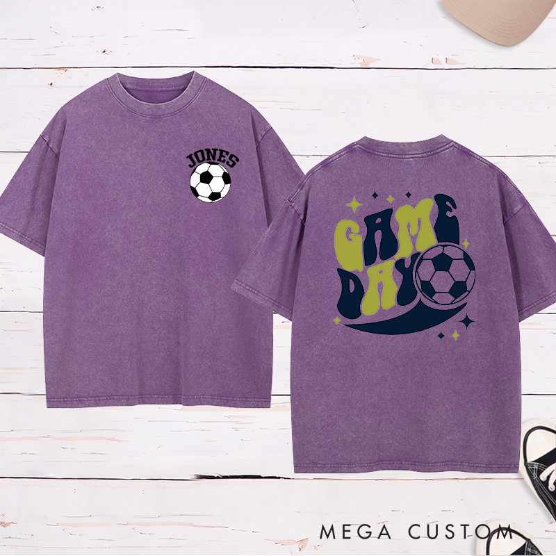 Personalized Game Day Washed T-Shirt  with Fun Retro Design and Custom Name and Number  