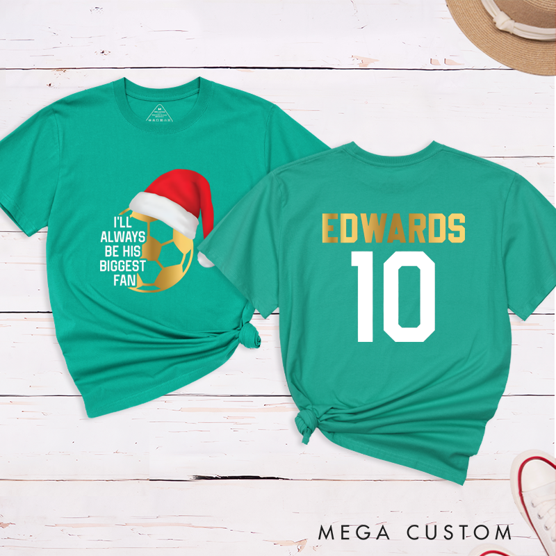 Personalized Christmas Soccer Fan T-Shirt with Custom Name and Number Design