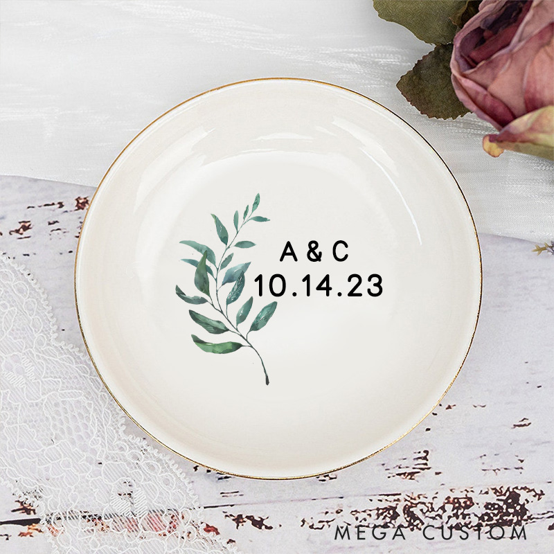 Personalized Elegant Watercolor Fern Leaves with Initials and Date Wedding Engagement Gold-Trimmed Ring Dishes