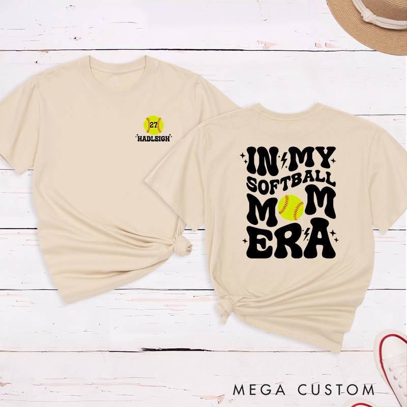 Personalized Softball Mom T-Shirt Design Featuring Bold Retro Text Custom Player Number and Name with Softball Graphic