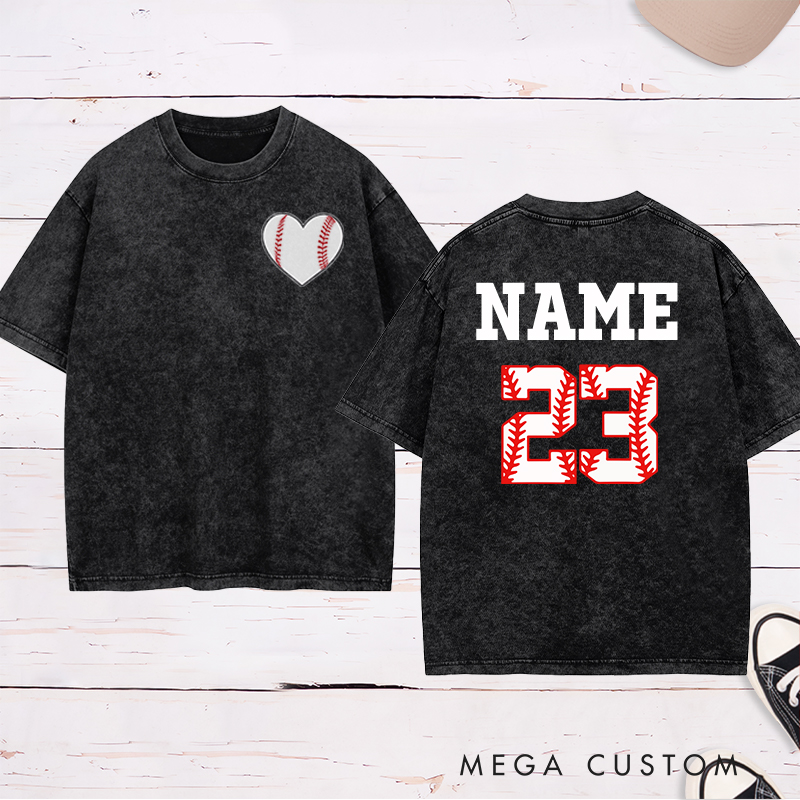 Personalized Baseball Heart Washed T-Shirt with Custom Name and Number 