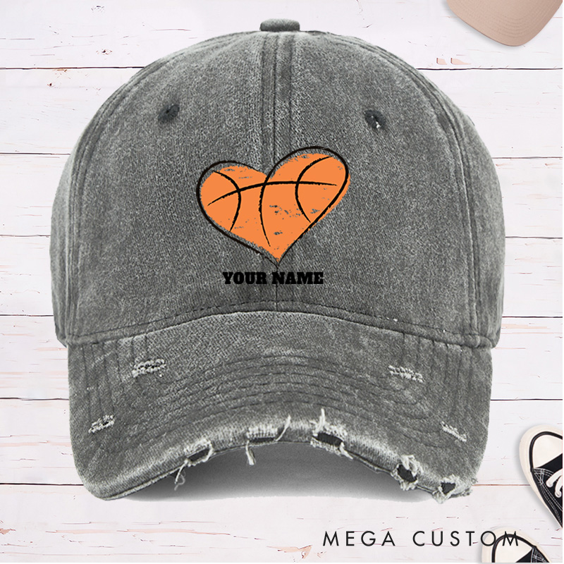 [Copy]Personalized Distressed Denim Basketball Cap with Vertical Team Name and Player Silhouette Design