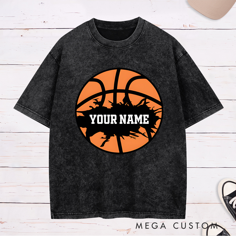 Personalized Washed T-Shirt Design Featuring a Bold Basketball Graphic with Splatter Effect and Customizable Name