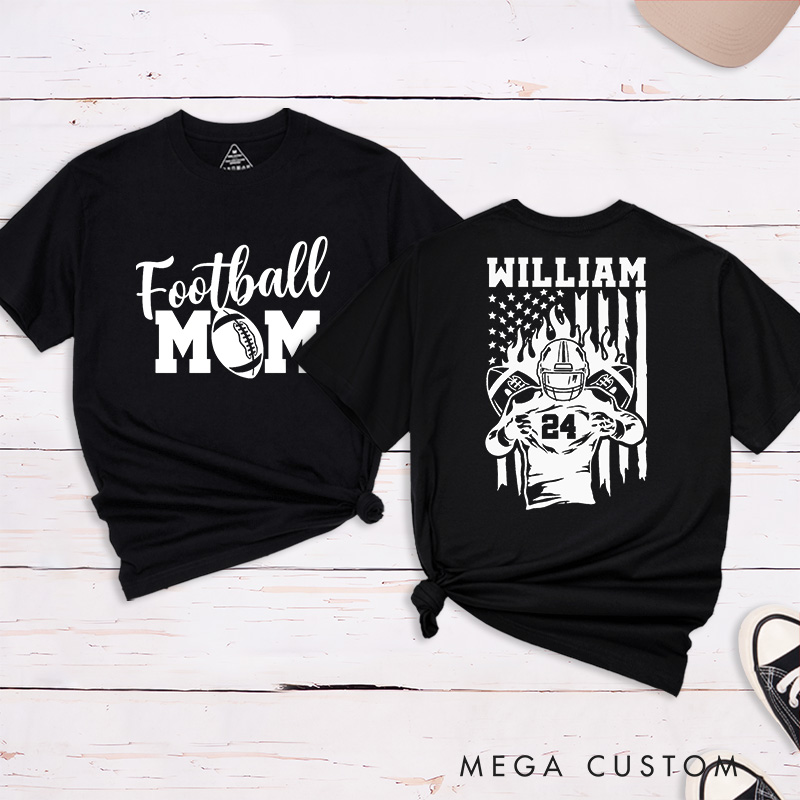 Personalized American Football Mom T-Shirts Featuring Custom Team Name and Number – Proudly Supporting Your Star Player