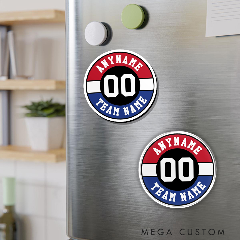 Personalized Circular Sports Fridge Magnet Featuring Team Colors and Text 