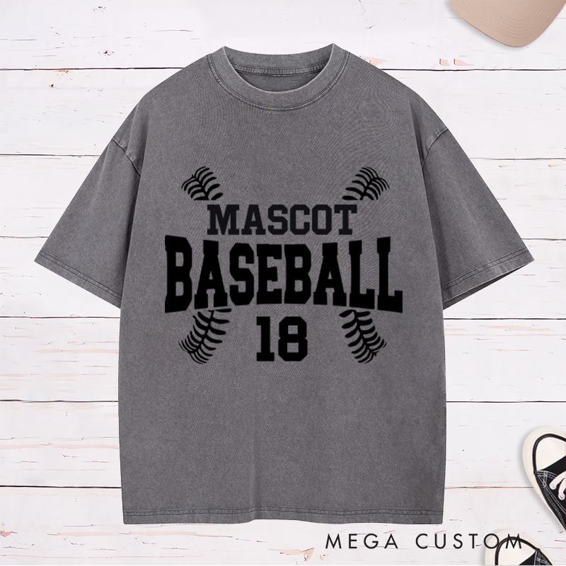 Personalized Baseball Washed T-Shirt Designed with Team Name, Number, and Stylish Stitch Graphics