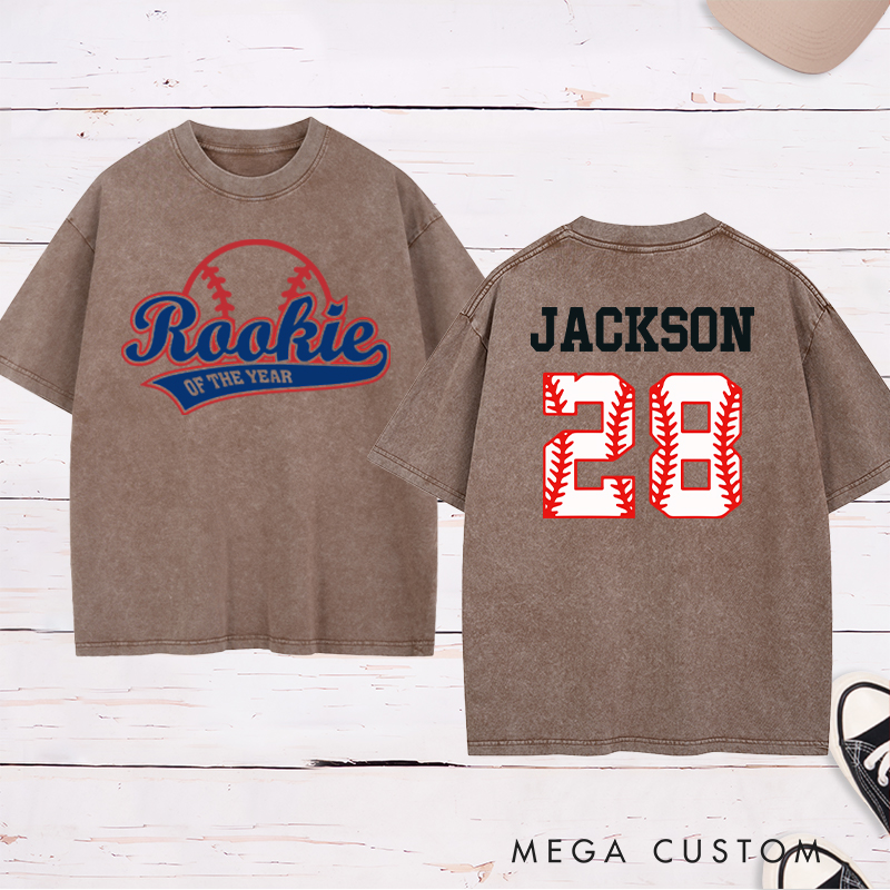Personalized Baseball Name and Number Washed T-Shirt for Rookie