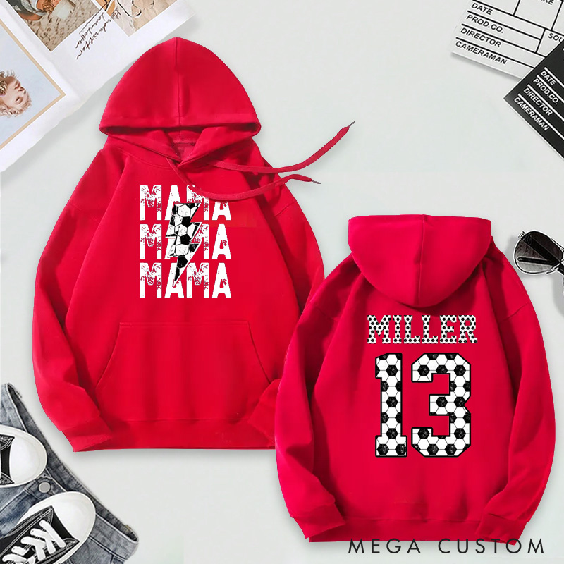 Personalized "Mama" Soccer Hoodie with Custom Name and Number Design
