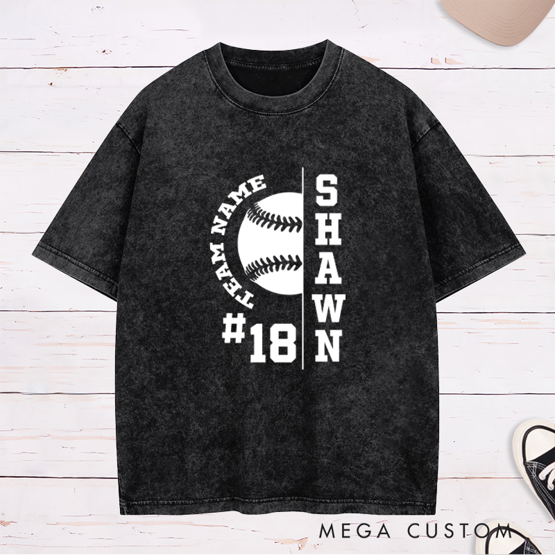 Personalized Baseball Washed T-Shirt with Half Baseball Graphic and Custom Name and Number