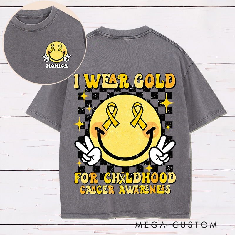 Personalized Two Sides Printed Washed T-Shirt Customized I Wear Gold for Childhood Cancer Awareness Design Washed T-Shirt 