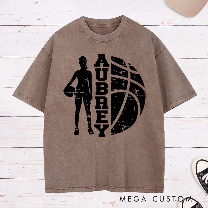 Personalized Washed T-Shirt Design Featuring a Bold Basketball Player Silhouette with Customizable Vertical Name and Distressed Graphic Style