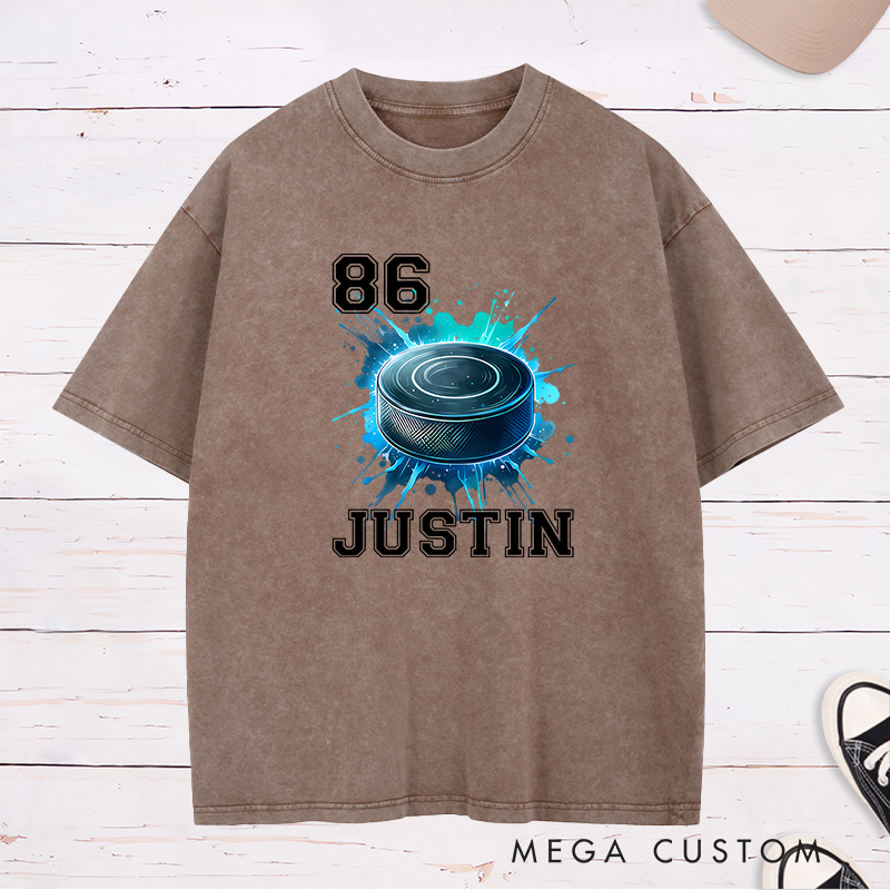 Personalized Athletic Washed T-Shirt Featuring a Vibrant Hockey Puck Graphic and Custom Name