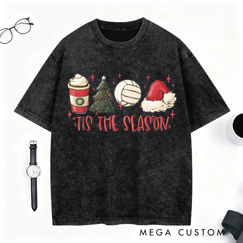 Personalized Washed T-Shirt – Festive Volleyball Design with Holiday Elements