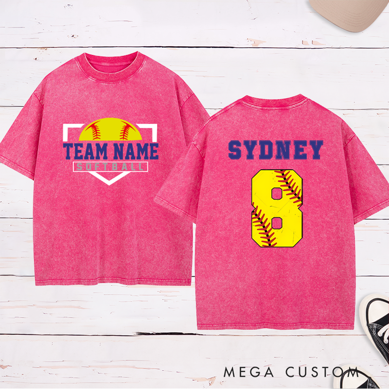 Personalized Softball Washed T-Shirt Design Featuring Custom Team Name on the Front and Player Name with Jersey Number on the Back