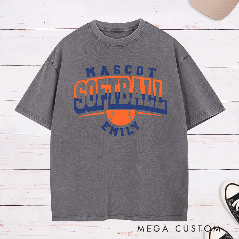 Personalized Softball Washed T-Shirt Design Featuring Team Name Bold Typography Softball Graphic and Custom Player Name Highlight