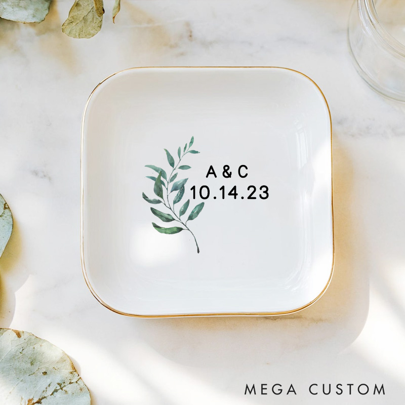 Personalized Elegant Watercolor Fern Leaves with Initials and Date Wedding Engagement Gold-Trimmed Ring Dishes