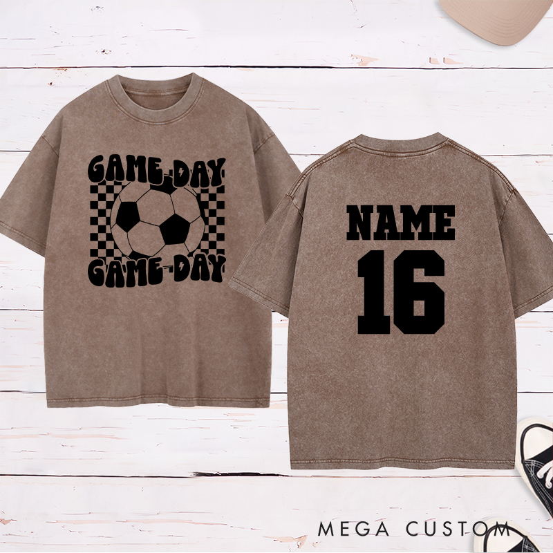 Personalized Game Day Soccer Washed T-Shirt with Bold Checkerboard Design and Custom Name and Number