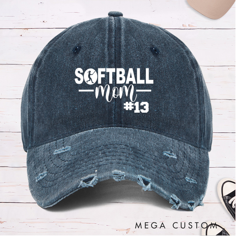 Personalized Distressed Denim "Softball Mom" Cap with Custom Player Number Design