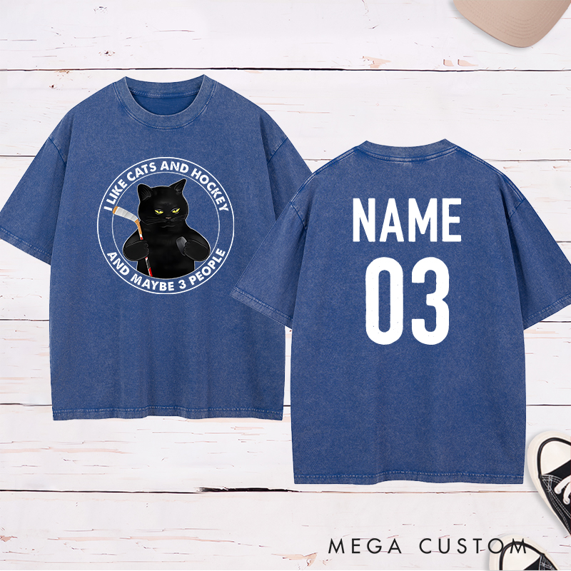 Personalized Funny Cat and Hockey Lover Washed T-Shirt with Custom Name and Number