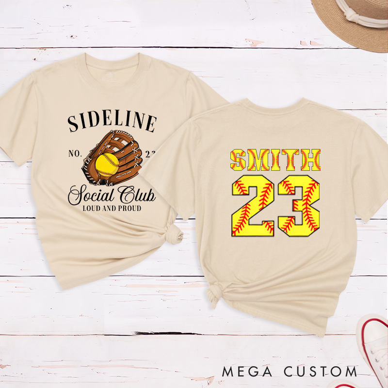 Personalized Softball Sideline Social Club T-Shirt with Custom Name and Number Perfect Gift for Proud Fans Supporters and Players