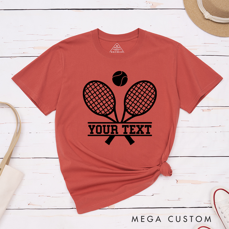 Personalized Tennis T-Shirt with Crossed Rackets Design and Custom Text