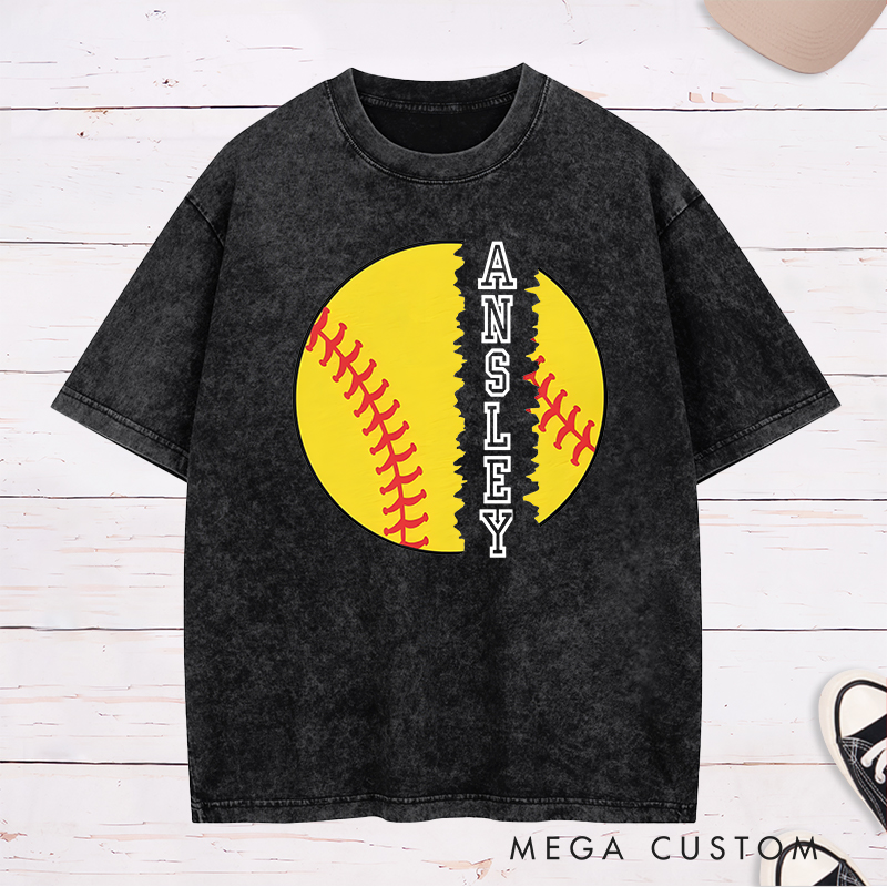 Personalized Softball Washed T-Shirt Design Featuring Torn Softball Graphic and Customizable Vertical Name Text for a Bold and Unique Look