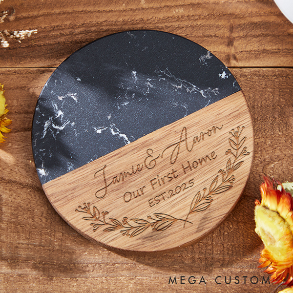 Personalized Coasters Custom Marble and Wood Coaster Our First Home for Couple Coasters Wedding Housewarming Gift Cherished Housewarming Memories