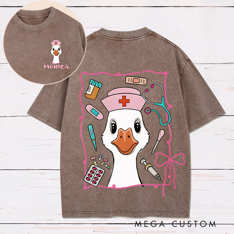 Personalized Two Sides Printed Washed T-Shirt Customized Nurse Goose with Medical Tools Cute Design Washed T-Shirt 
