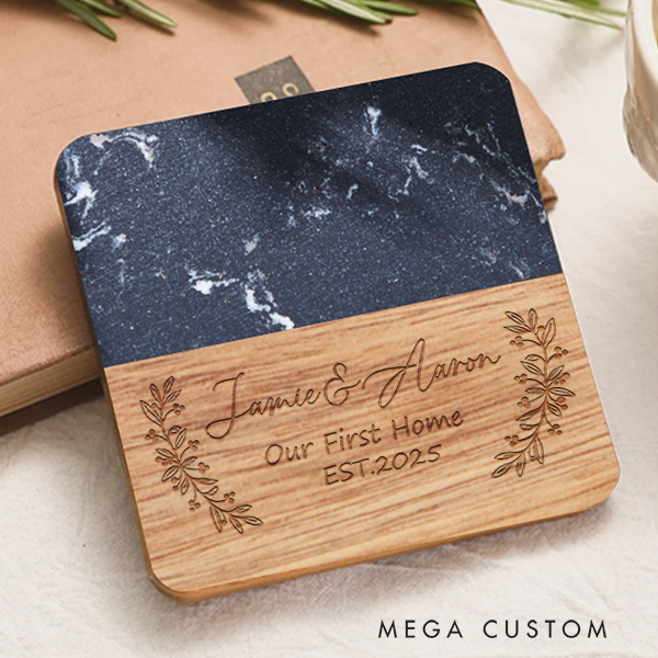 Personalized Marble and Wood Coaster Our First Home Floral Accent Coaster Couple Coasters Wedding Housewarming Gift New Home Gift Anniversary Gift