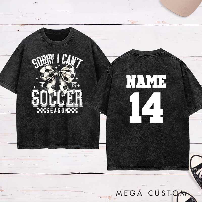Personalized Soccer Season Washed T-Shirt with Stylish Bow Design and Custom Name and Number