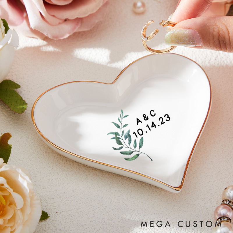 Personalized Elegant Watercolor Fern Leaves with Initials and Date Wedding Engagement Gold-Trimmed Ring Dishes