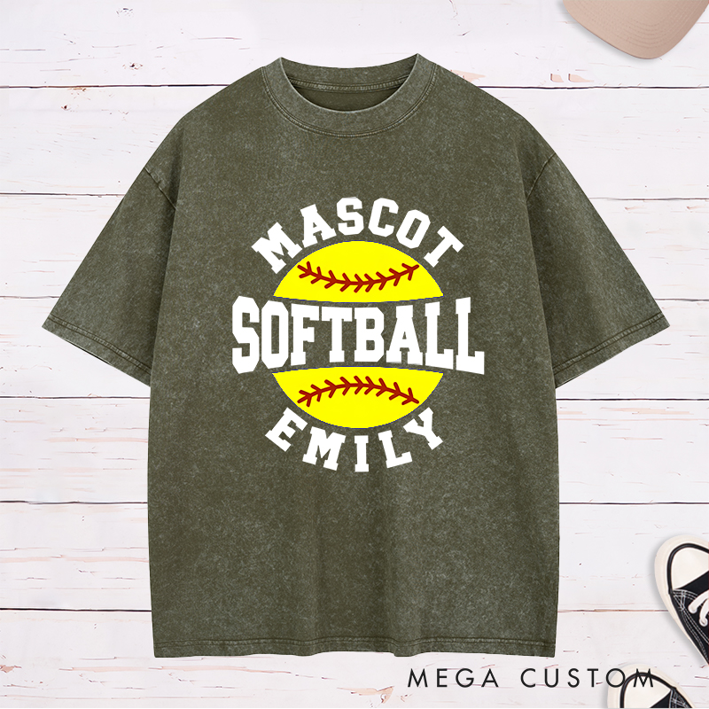 Personalized Softball Washed T-Shirt Design Featuring Custom Team Name Player Name Bold Typography and Vibrant Softball Graphic