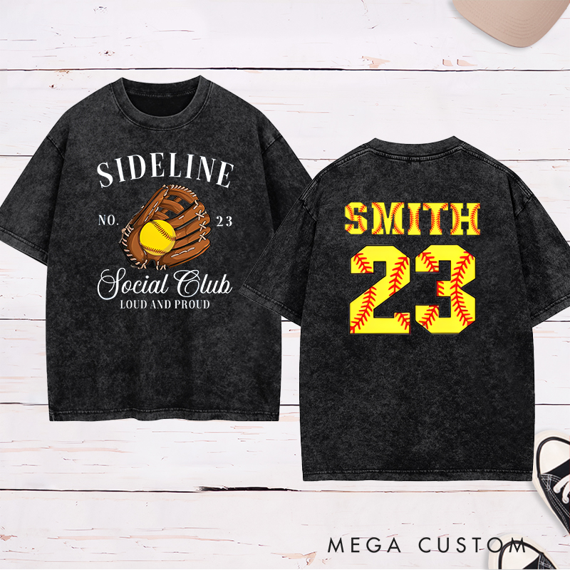 Personalized Softball Sideline Social Club Washed T-Shirt with Custom Name and Number Perfect Gift for Proud Fans Supporters and Players