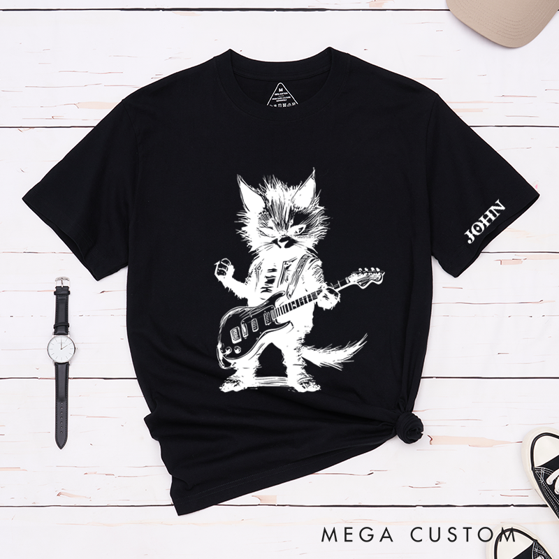 Personalized Classic T-Shirts Rockin' Cat Tee Feline Cool Cat Graphic for Music Lovers and Rock Fans Gift