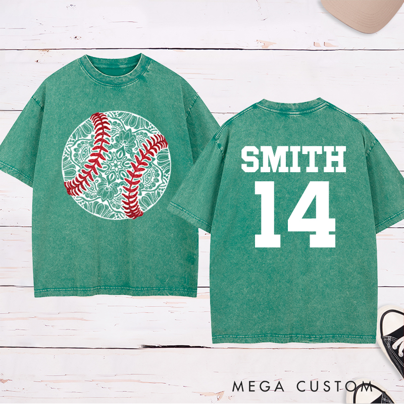 Personalized Mandala Baseball Washed T-Shirt with Custom Name and Number